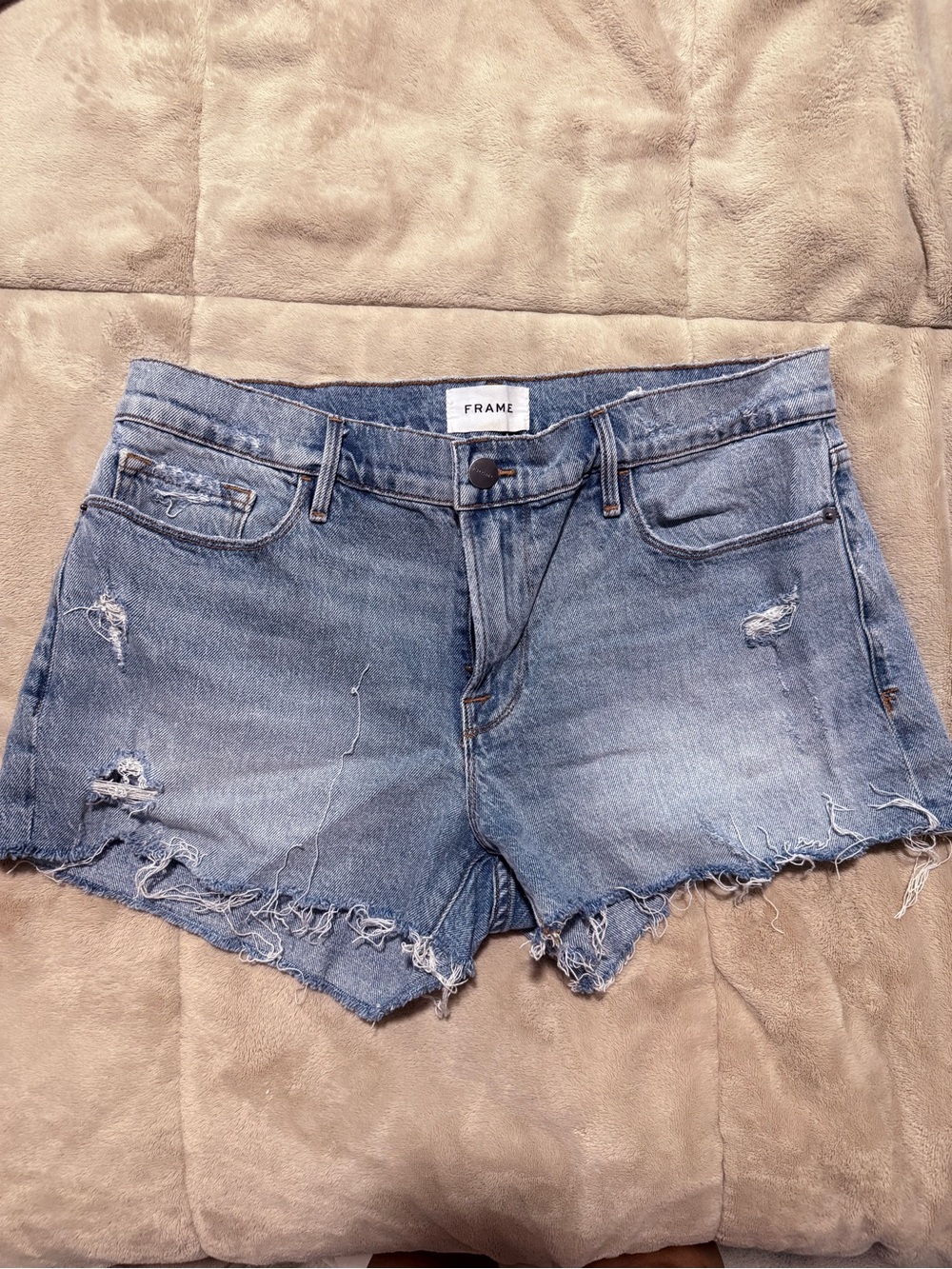 Frame Denim Faded Blue Ripped Cutoff Shorts